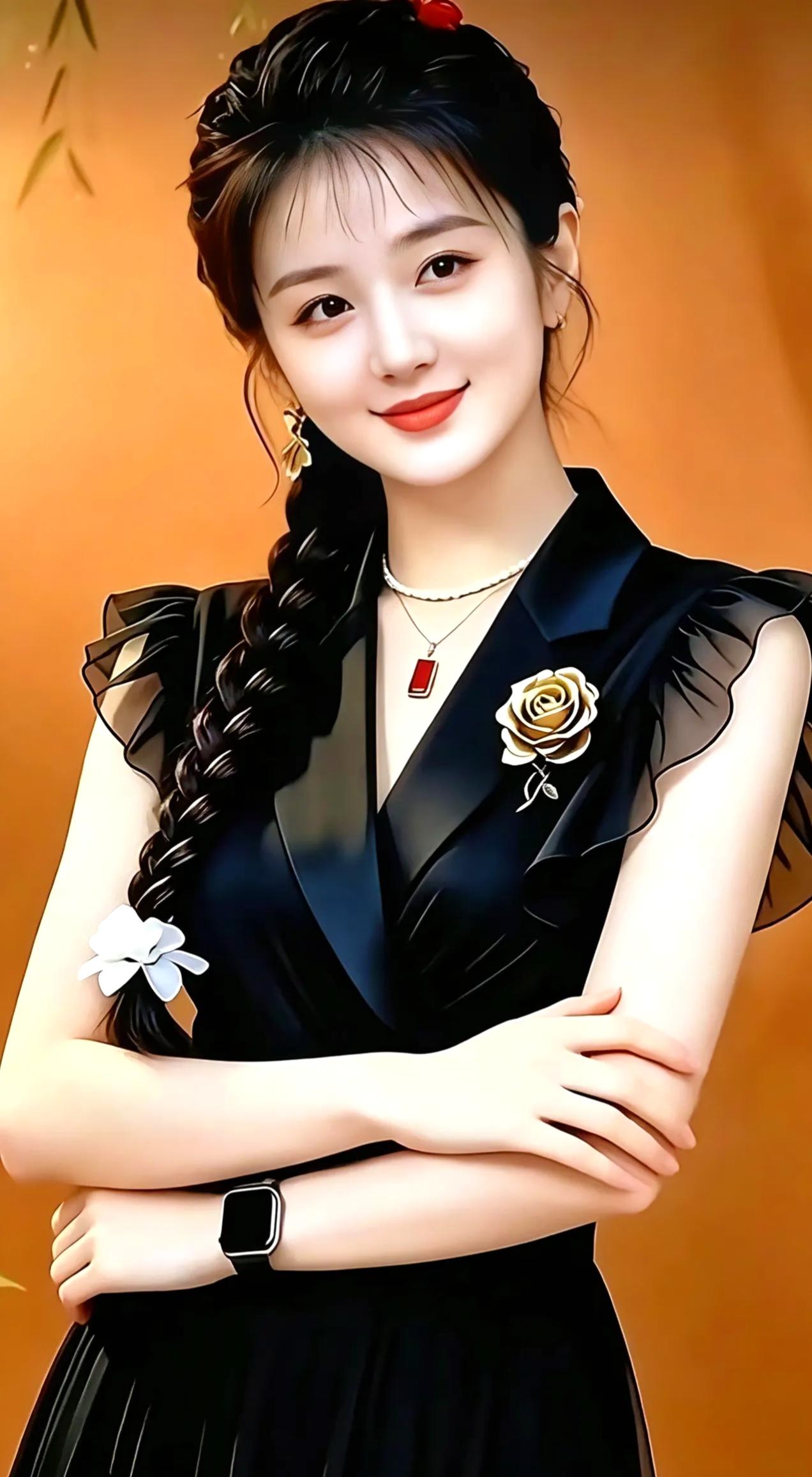 容姿静婉，辫发修长。衣衫素净，笑靥轻扬。身沐柔光，气韵留香。静心而立，温婉