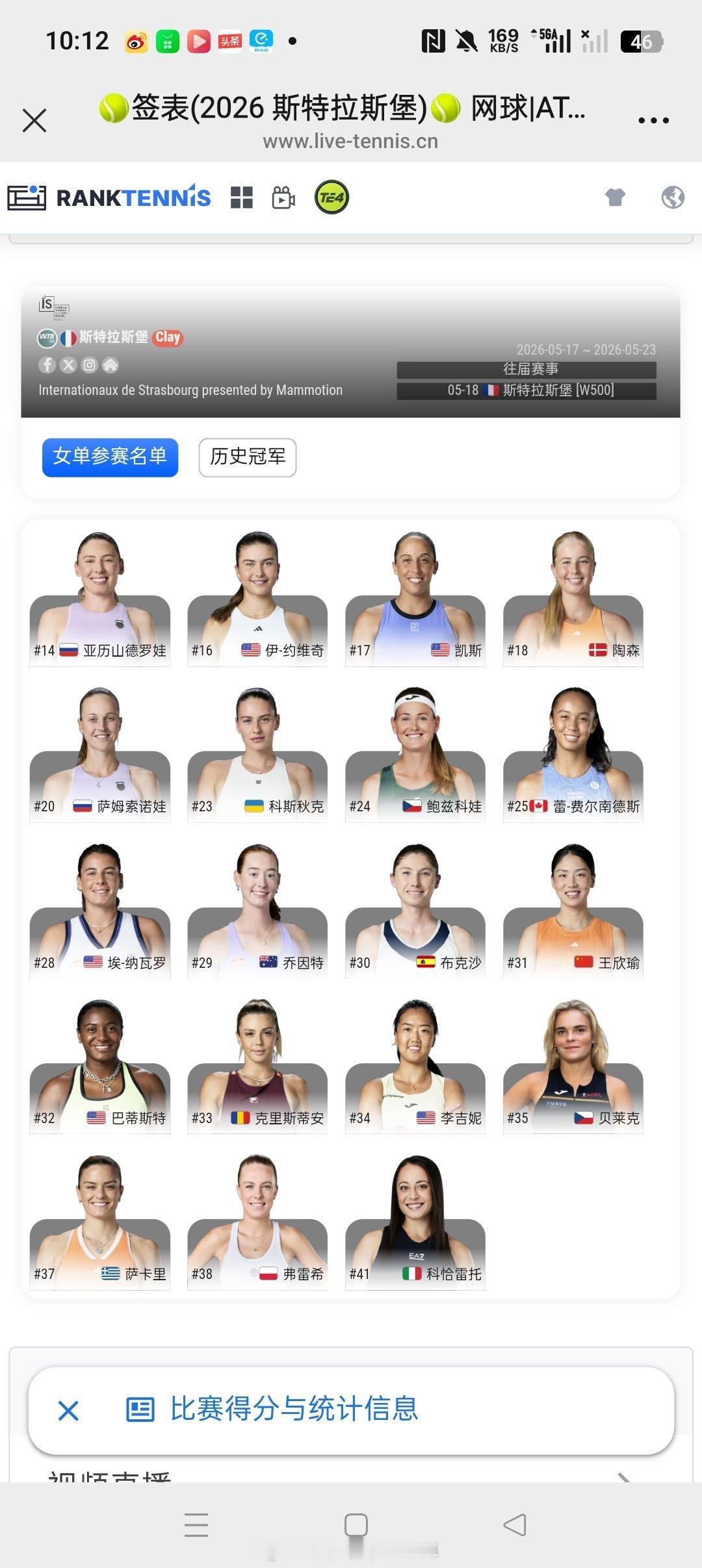 小花小草资讯【WTA500斯特拉堡】女单正赛名单🇨🇳王欣瑜报名