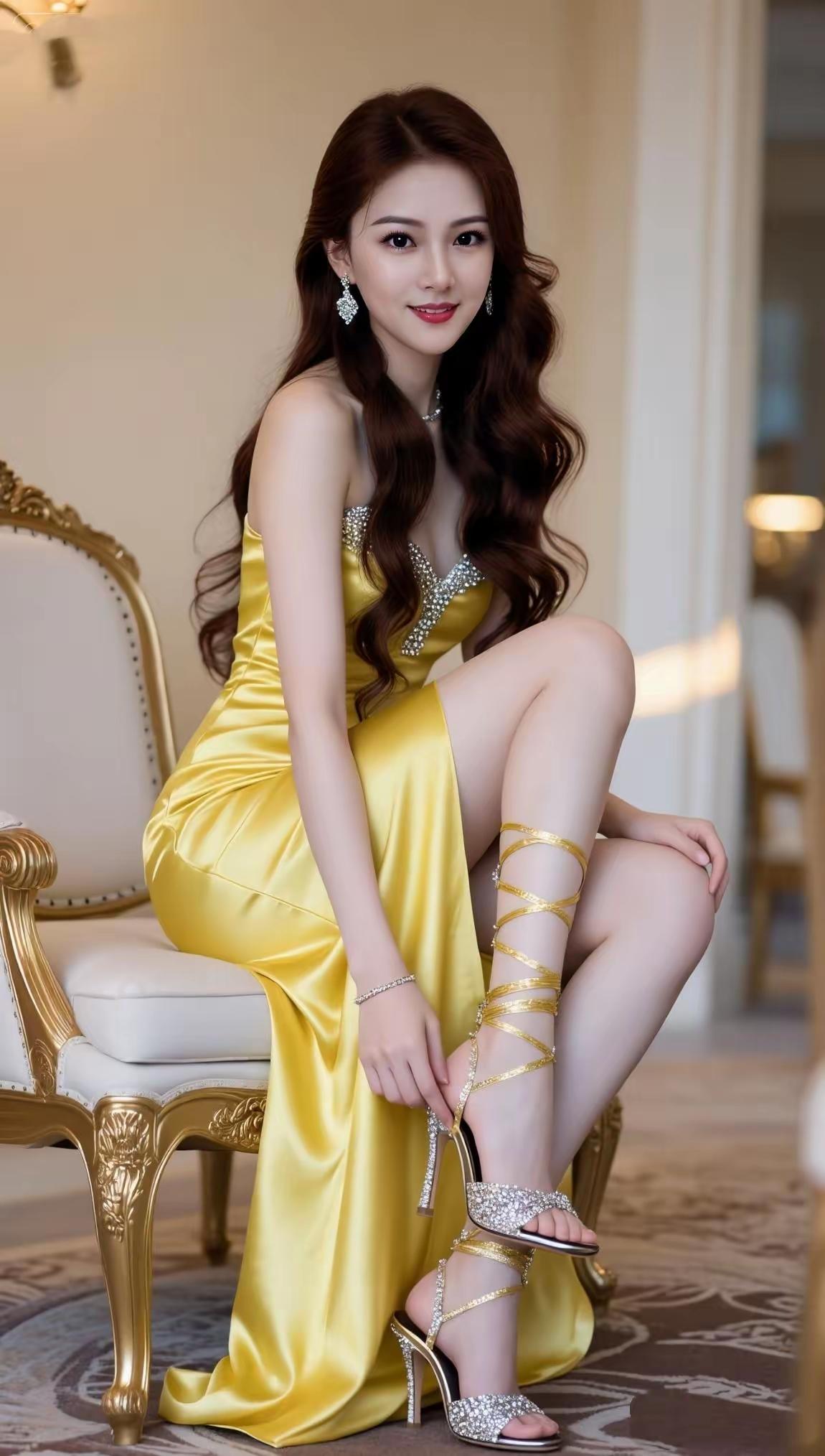 优雅气质，金光闪闪的晚礼服，闪耀的耳环，精致的妆容，完美呈现！