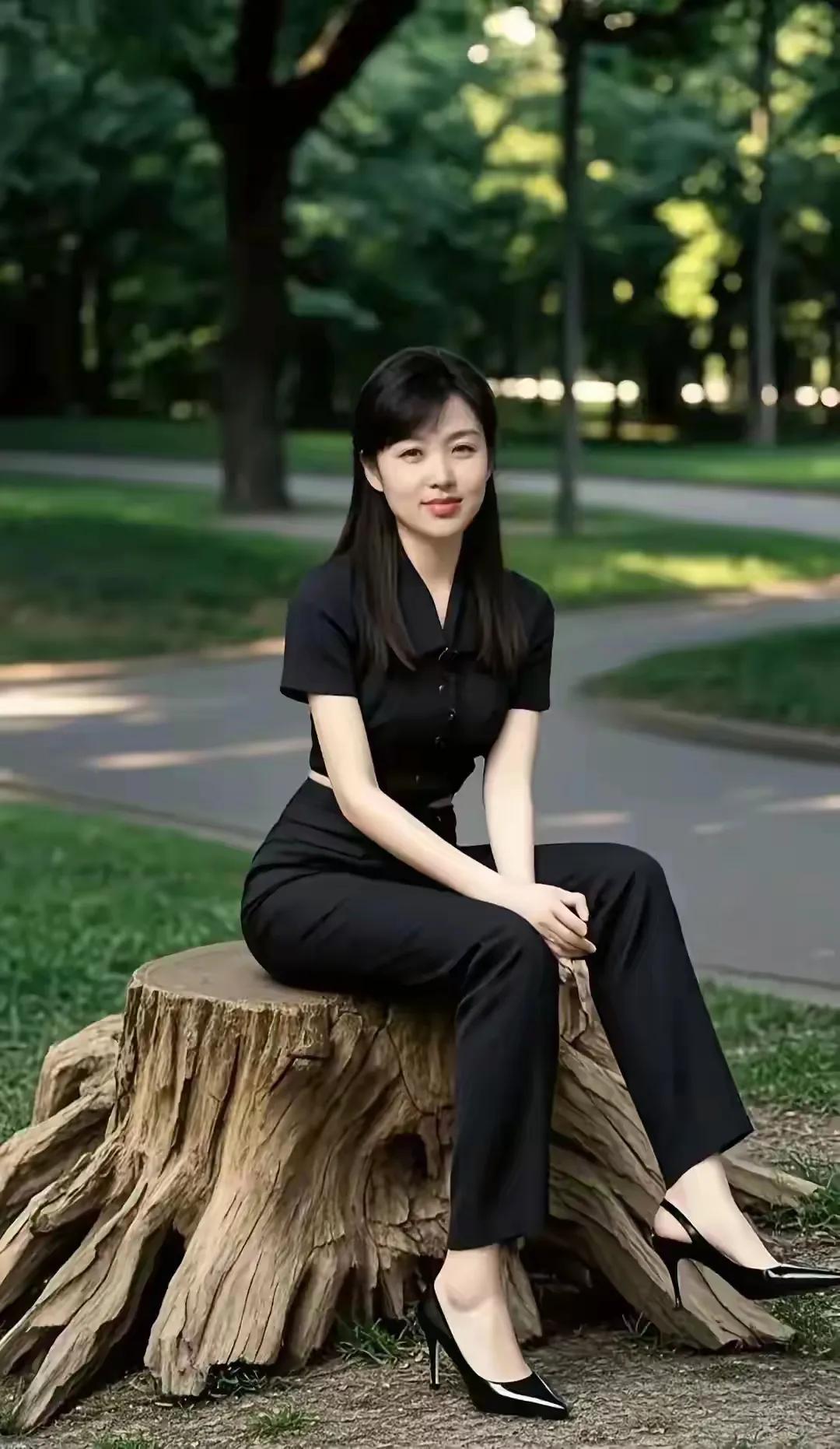 古树桩上坐现代女神，犹如一幅绝美的图画。