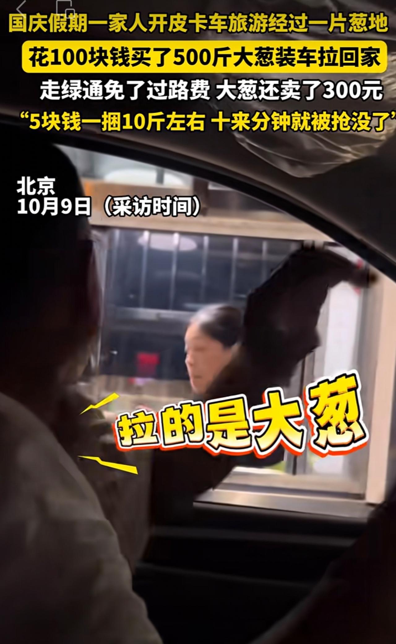 国庆假期，北京的柴先生开皮卡车带家人到承德游玩，路过一块葱地时，发现大葱才2毛一