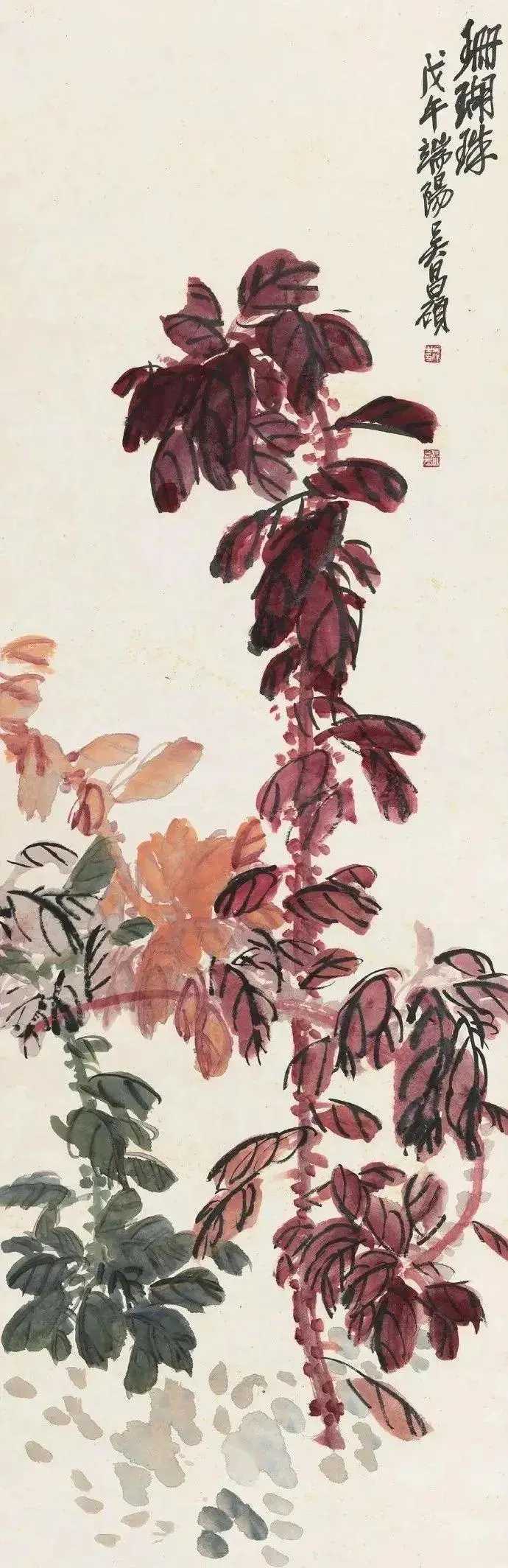 吴昌硕花鸟。吴昌硕先生之所以能成为吴昌硕，很重要的一个原因就是他跟随朴学大师俞樾