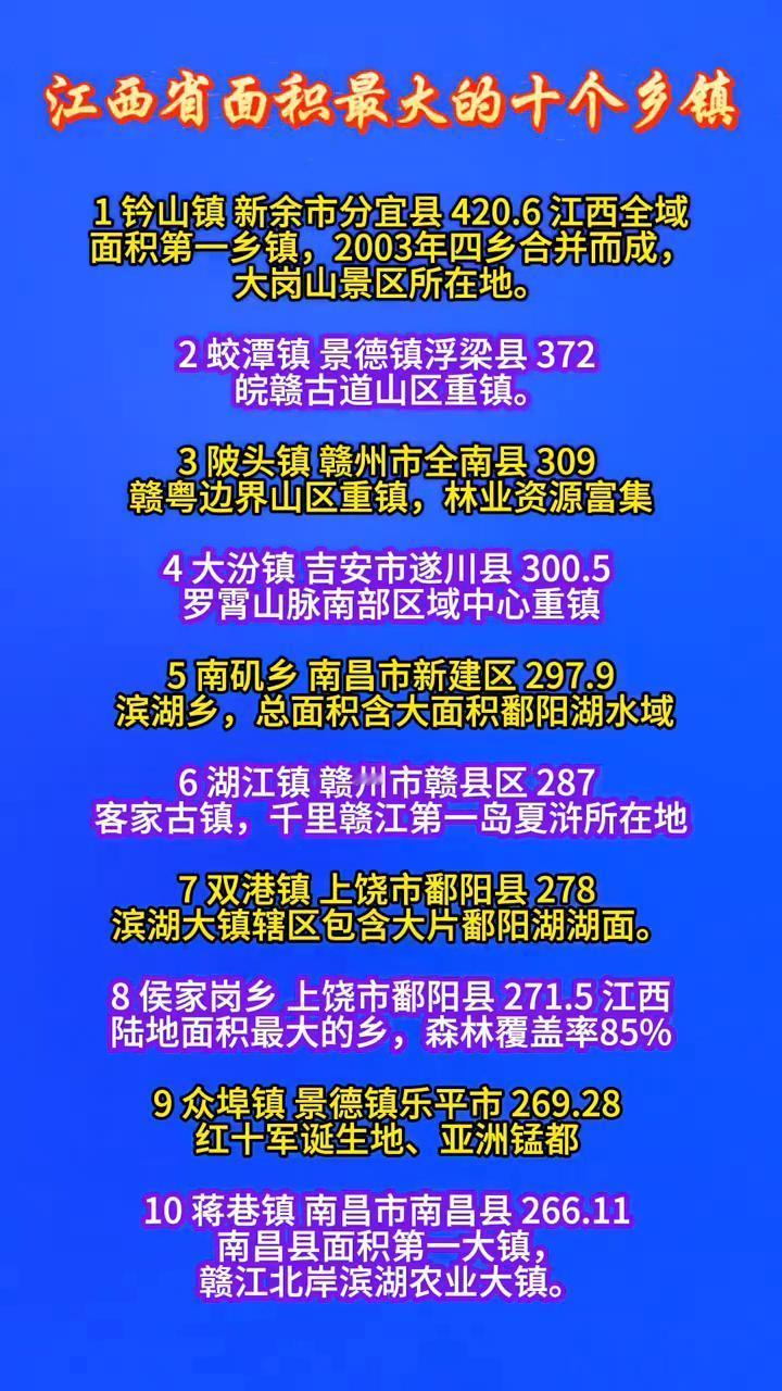 江西省面积最大的十个乡镇。·1、铃山镇，新余市分宜县420.6，江西全域面积第