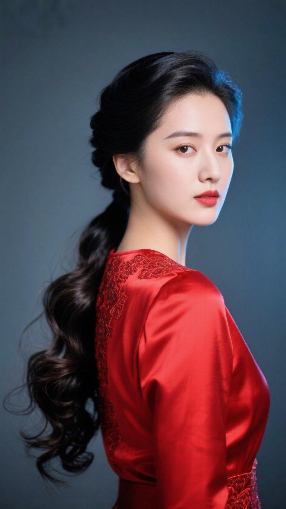 红绸映清颜墨色的发绾成温柔的弧度，垂落的卷发似揉碎的夜，与一身红绸相映，撞