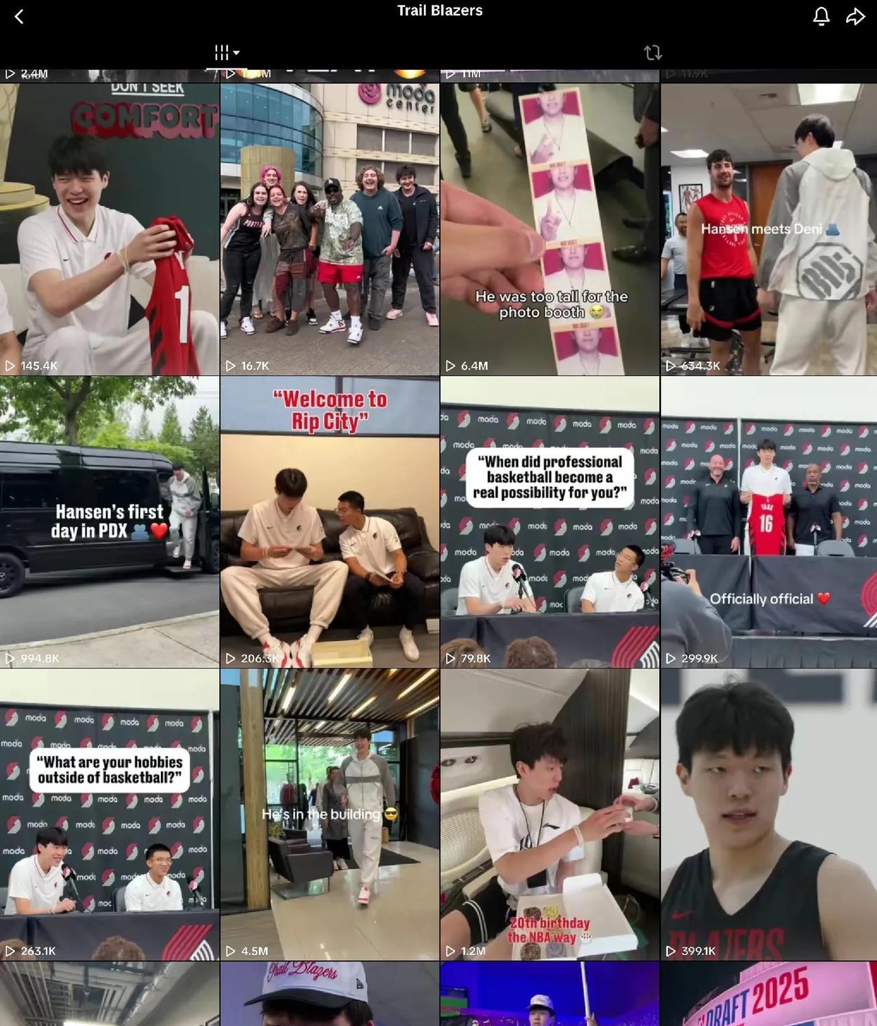杨瀚森到开拓者短短十几天时间，开拓者短视频平台粉丝从55万飚到了110万，在