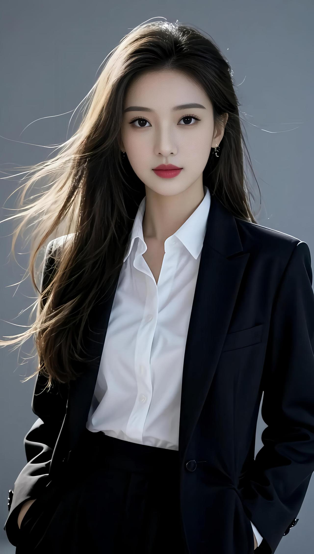 这位美女穿着黑色西装搭配白色衬衫，好帅气！气质西装女神职场女性怎样穿搭更美观?