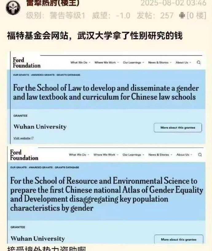 网友扒出了更劲爆的内幕。在美国福特基金会的网站上，有武汉大学接受基金会资助，开