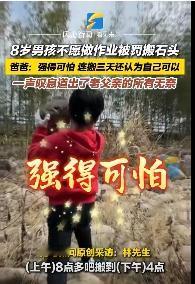 "强得可怕！"浙江杭州，一8岁男孩因不愿意做作业，被父亲带回乡下搬石头，从早上8