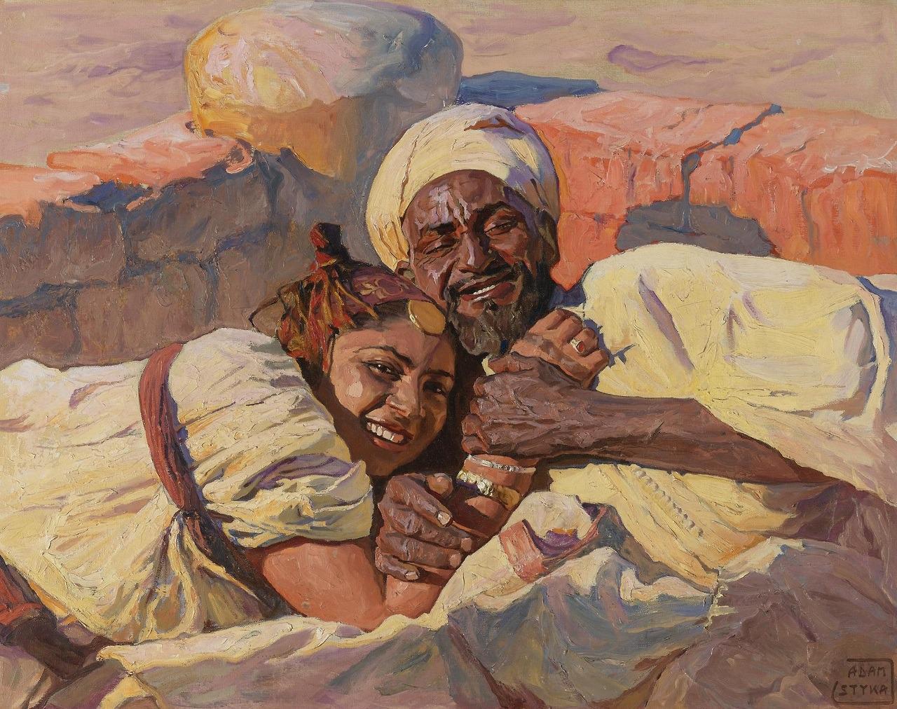 这是波兰裔法国画家亚当·斯蒂卡1923年的油画《幸福伴侣》，描绘了一对北非或中东