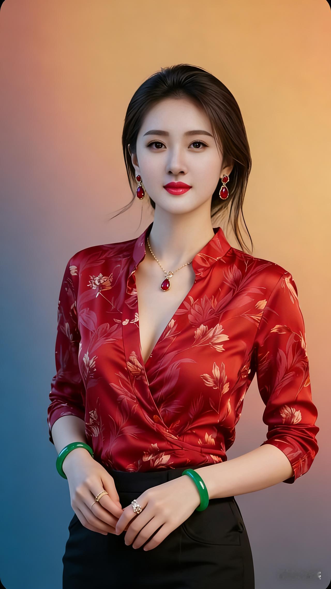 杏眼含情波潋滟，丽质天生胜牡丹。