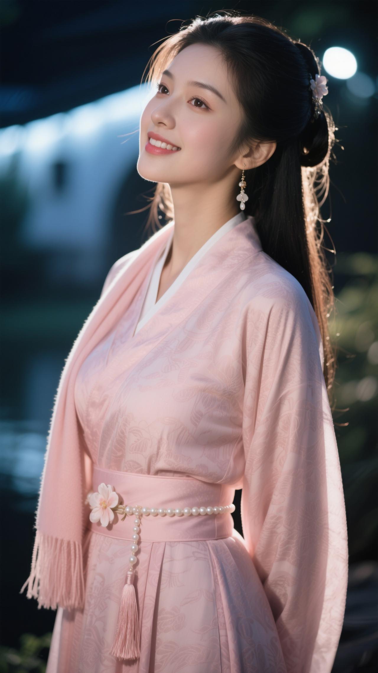 粉袂凝霜，夜灯斜照眉峰浅。珠璎垂软，风拂流苏颤。笑倚雕栏，一晌清欢远。星影