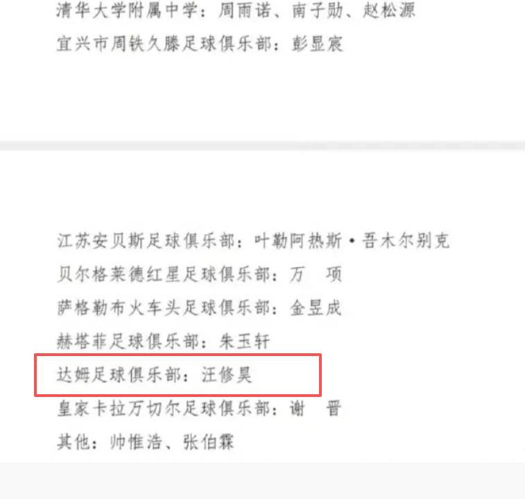 在09国少的最新一轮名单里，效力于达姆的中国足球小将成员汪修昊重新获得了征召的机