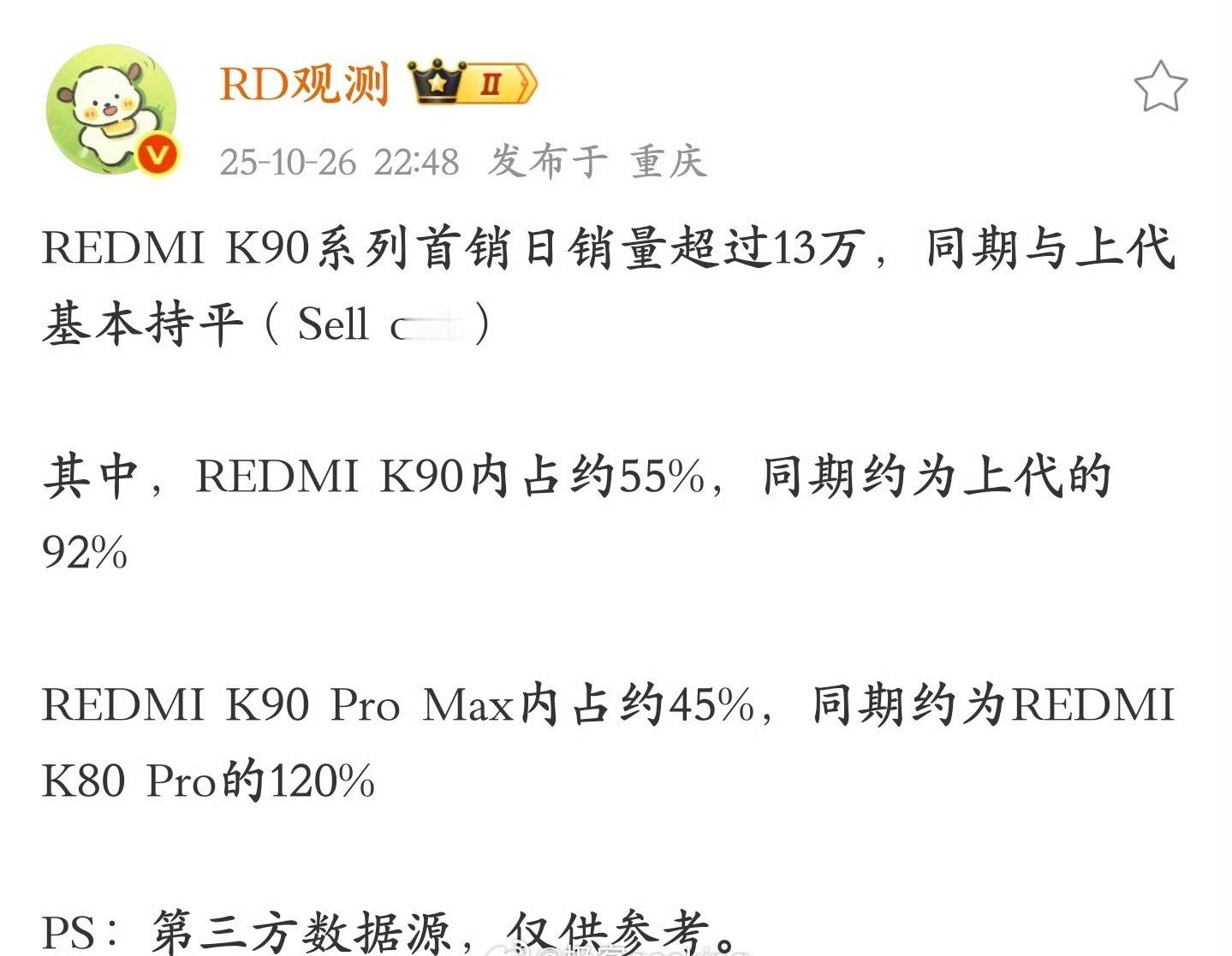 红米k90系列销量的非官方战报出来了！与上一代持平！​​​
