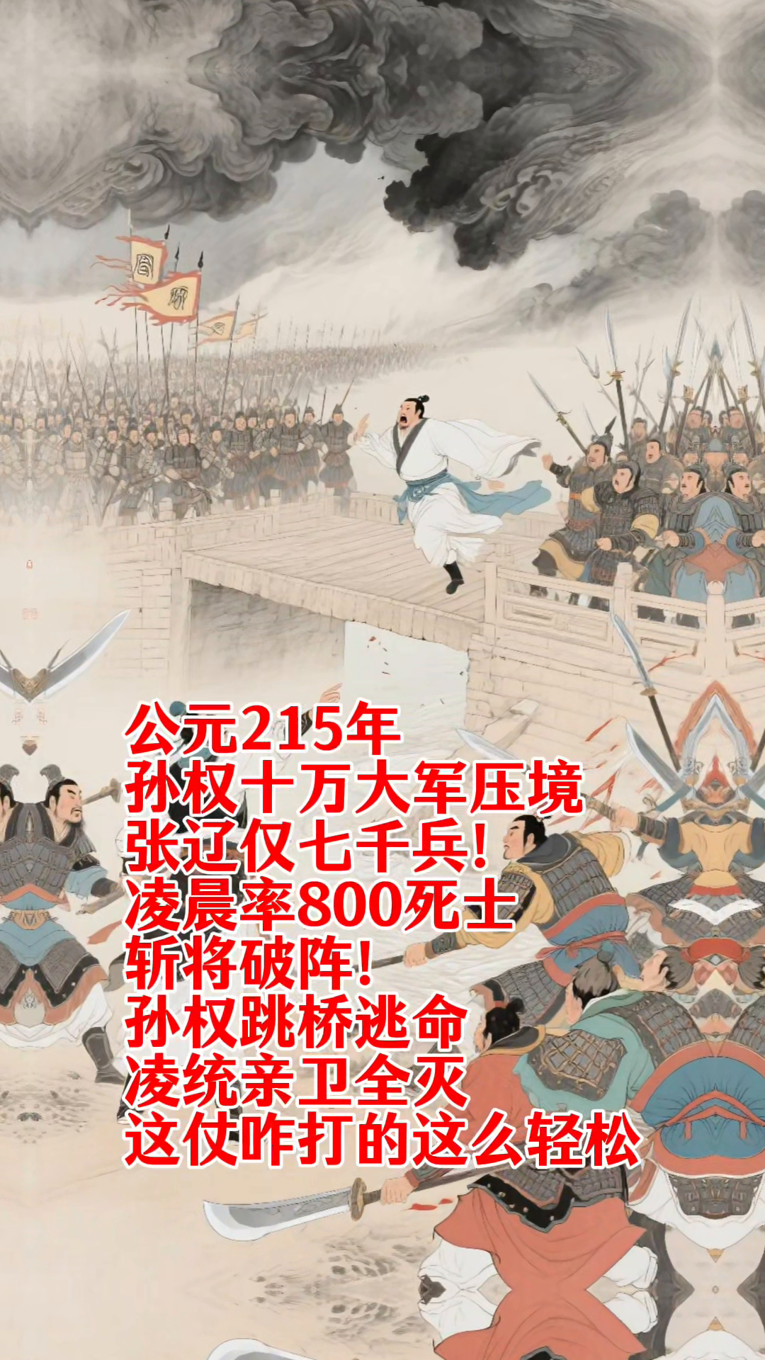 公元215年，孙权十万大军压境，张辽仅七千兵，凌晨率800死士斩将破阵。孙权跳桥
