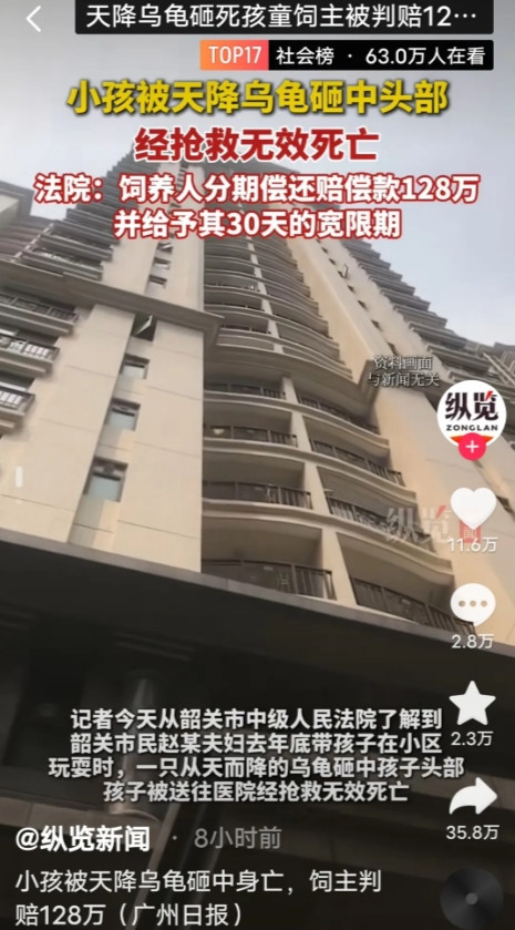 小孩被天降乌龟砸中身亡，韶关一家痛失爱子，法院判决引争议！