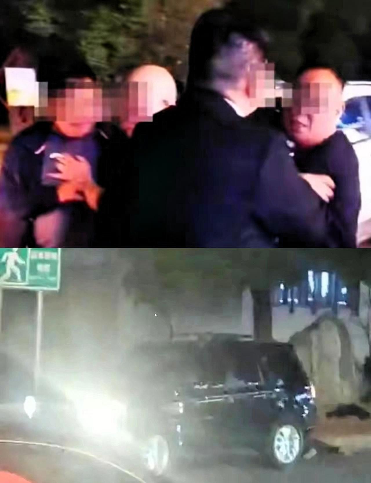 明明已经逃出生天了。但这哥们儿没走。路虎车主从四个醉汉身下挣脱，坐在驾驶室里