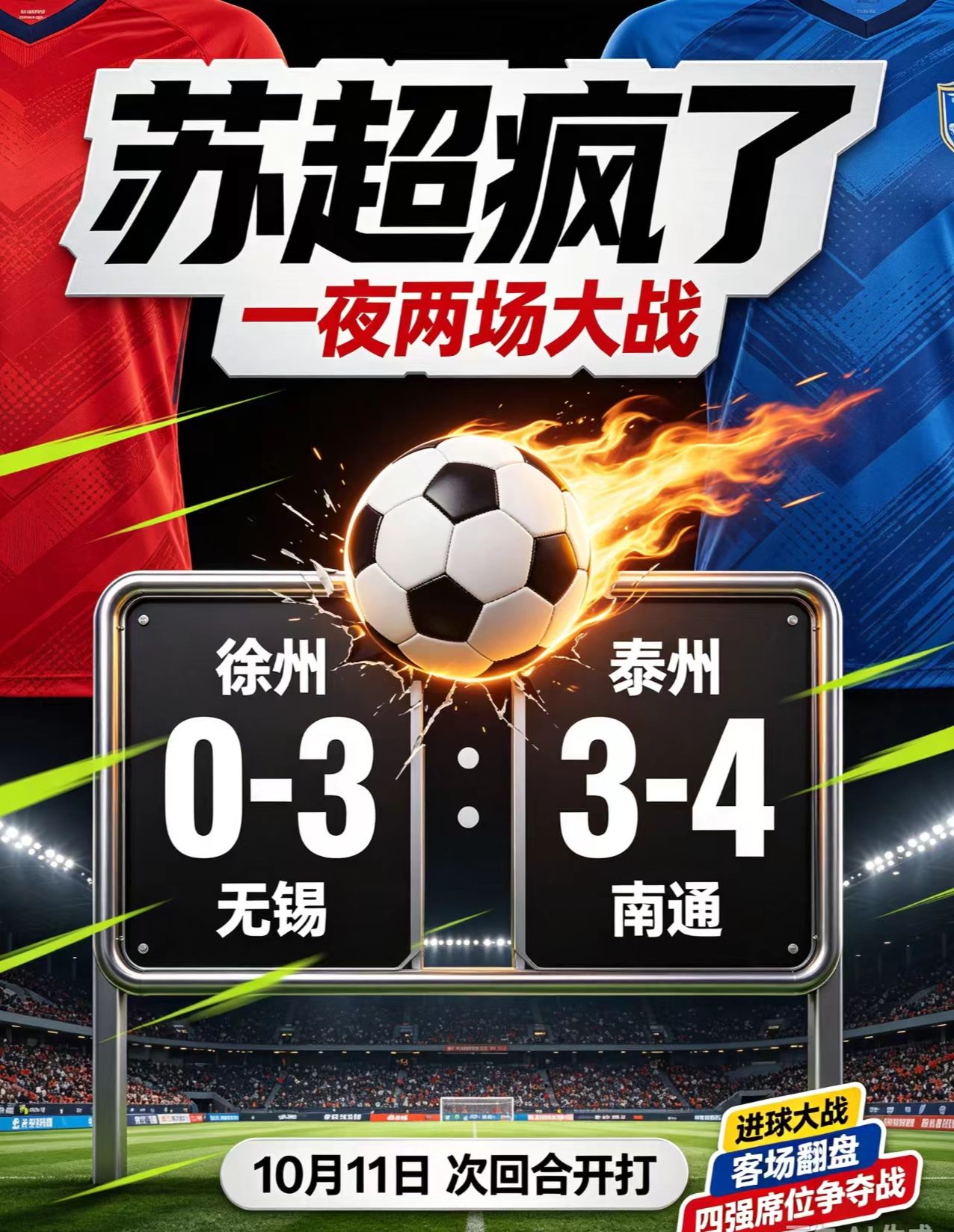 徐州0-3无锡，泰州3-4南通！苏超这夜