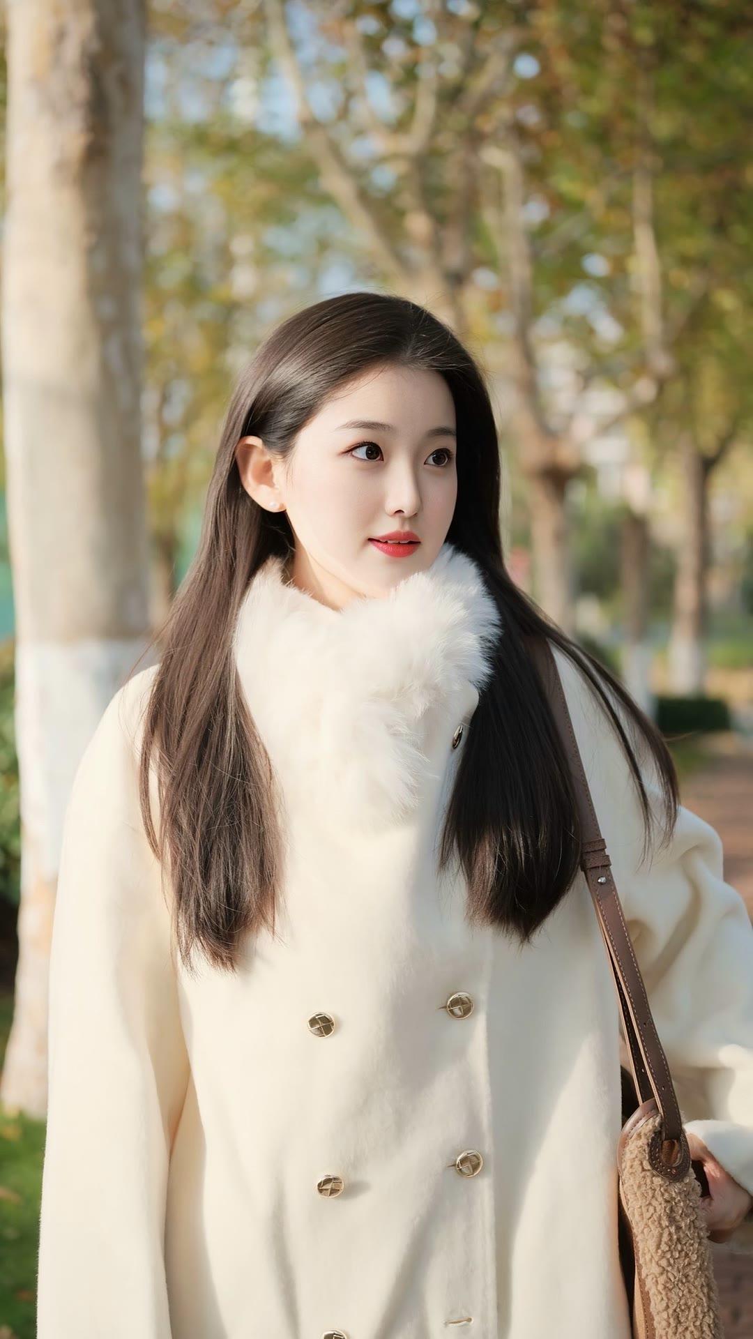 秋日漫步，温柔白外套与长发的完美搭配，尽显优雅与自然。