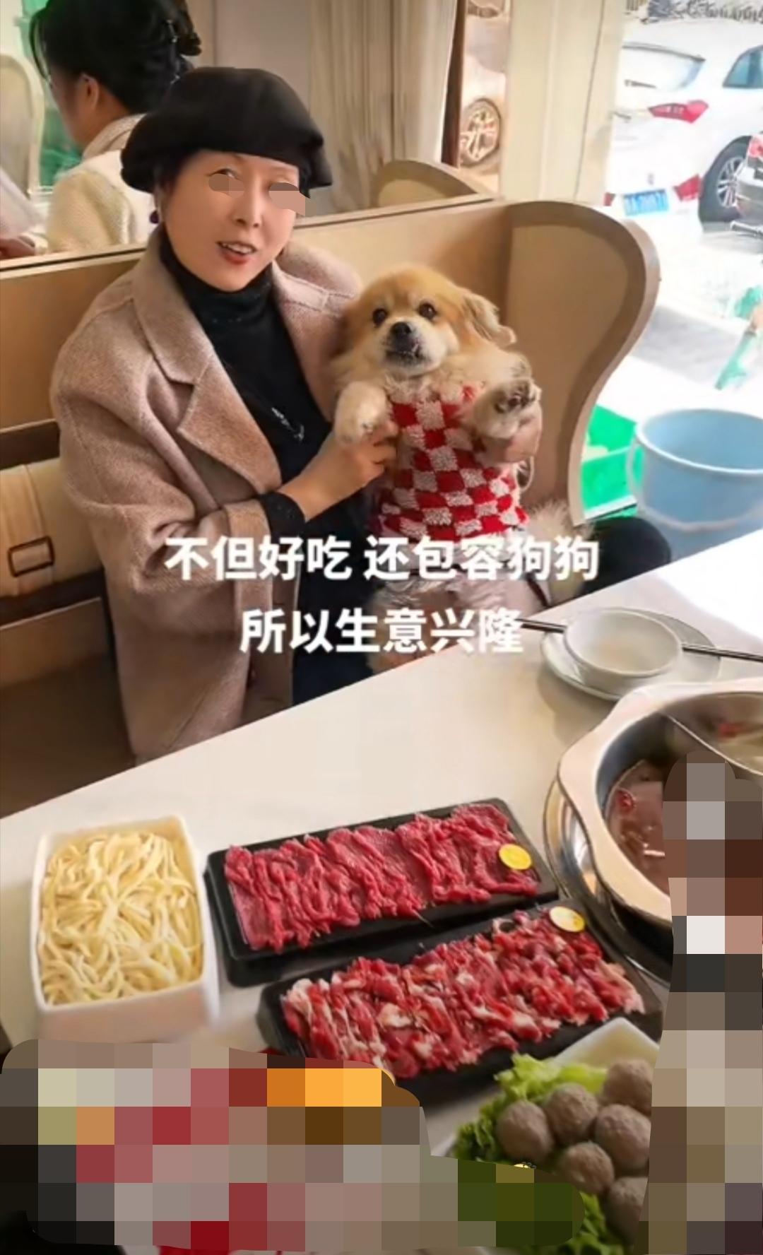 网上的一段视频，这位大妈带着狗狗在这家牛肉火锅店用餐，大妈对着镜头表示:这家店的