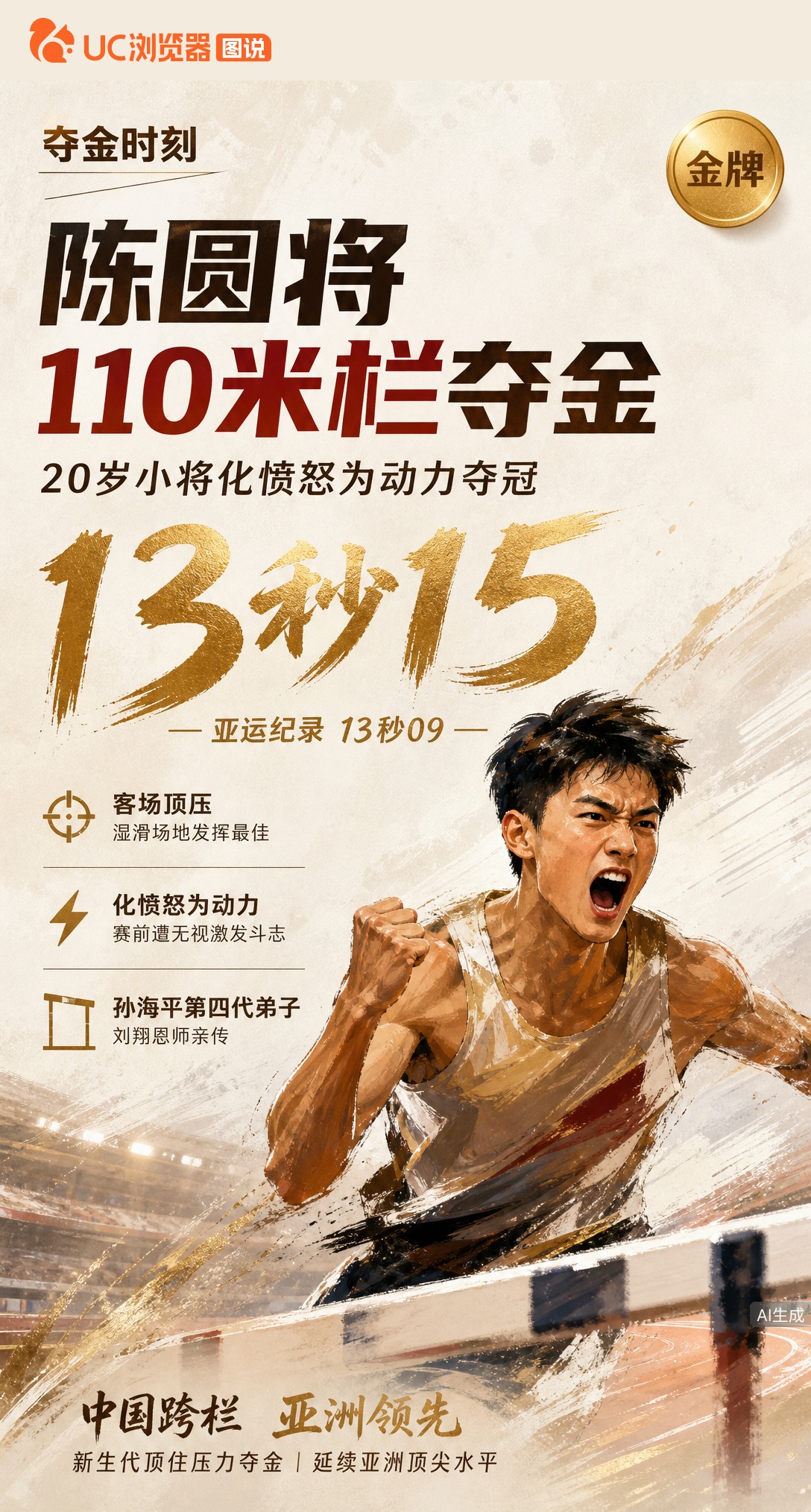 20岁陈圆将13秒15夺亚运110米栏金牌！赛前被日本选手无视，他化愤怒为动力，顶着主场压力与湿滑场