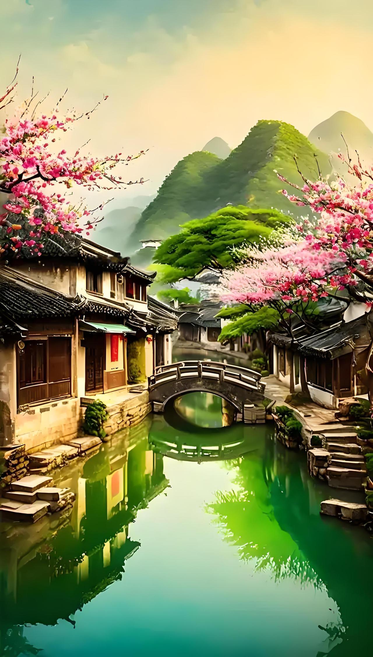 远看青山绿水近游小桥人家