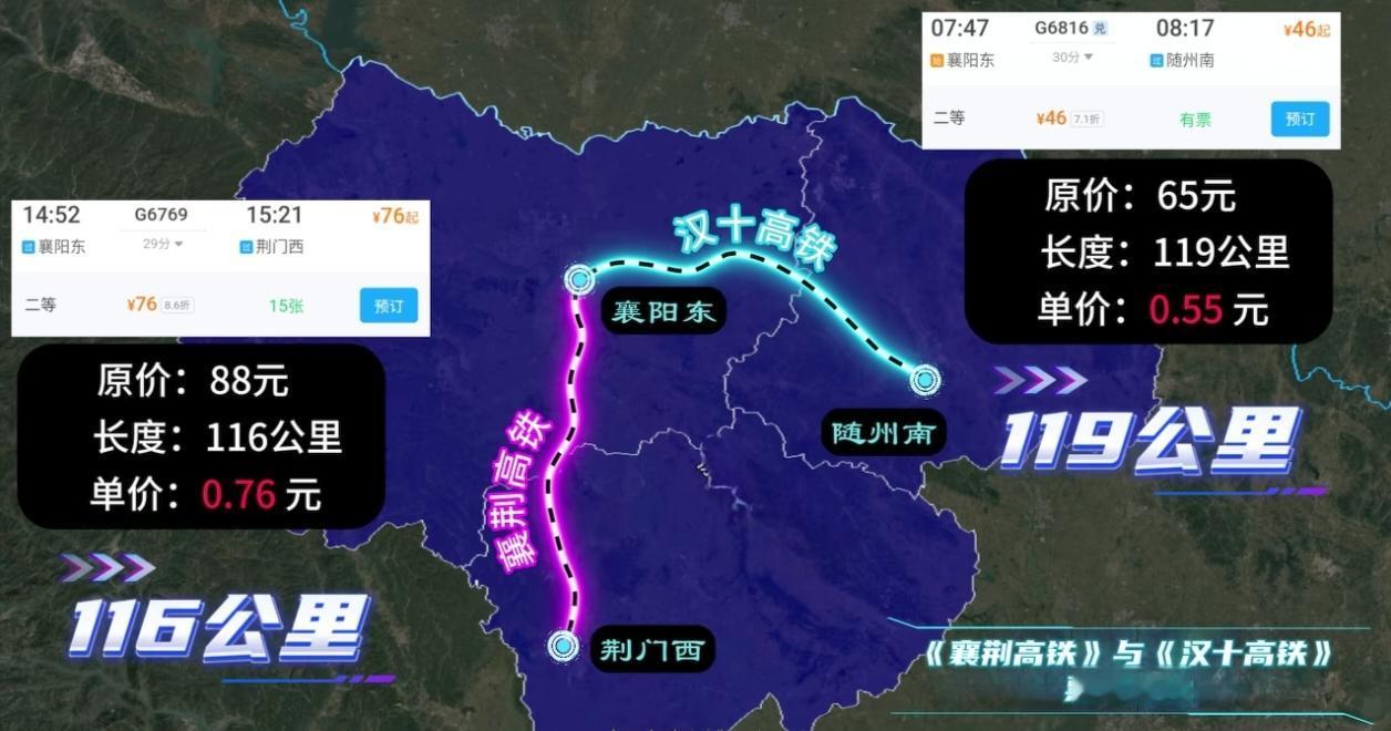 《襄荆高铁》和《汉十高铁》的襄随段，襄荆高铁里程相近，票价会相差多少呢?先看襄