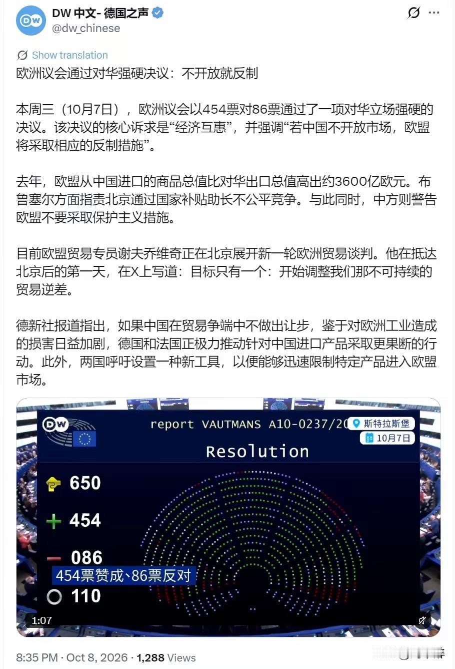 欧洲议会通过对华强硬决议：不开放就反制！德国之声今晚（10月8日晚）写道：“欧