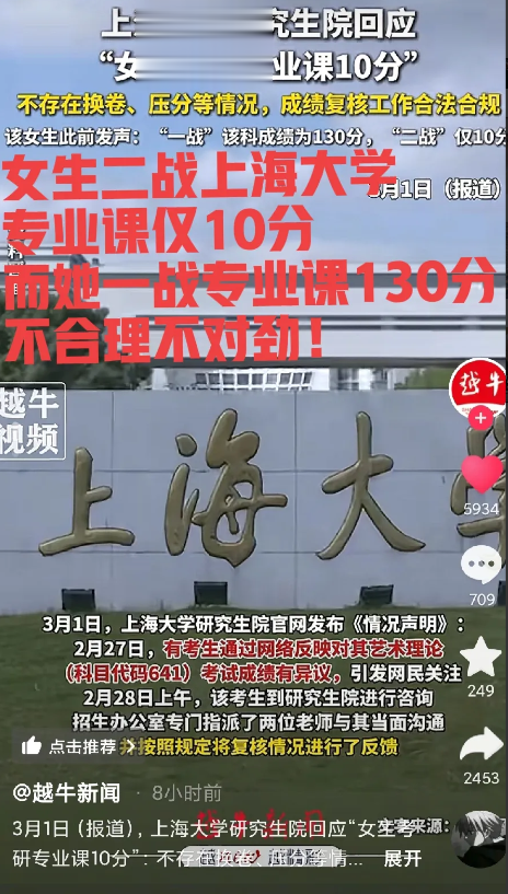 10分太狠了吧! 考生调剂路被堵死 上海大学的“神秘分数”引发热议