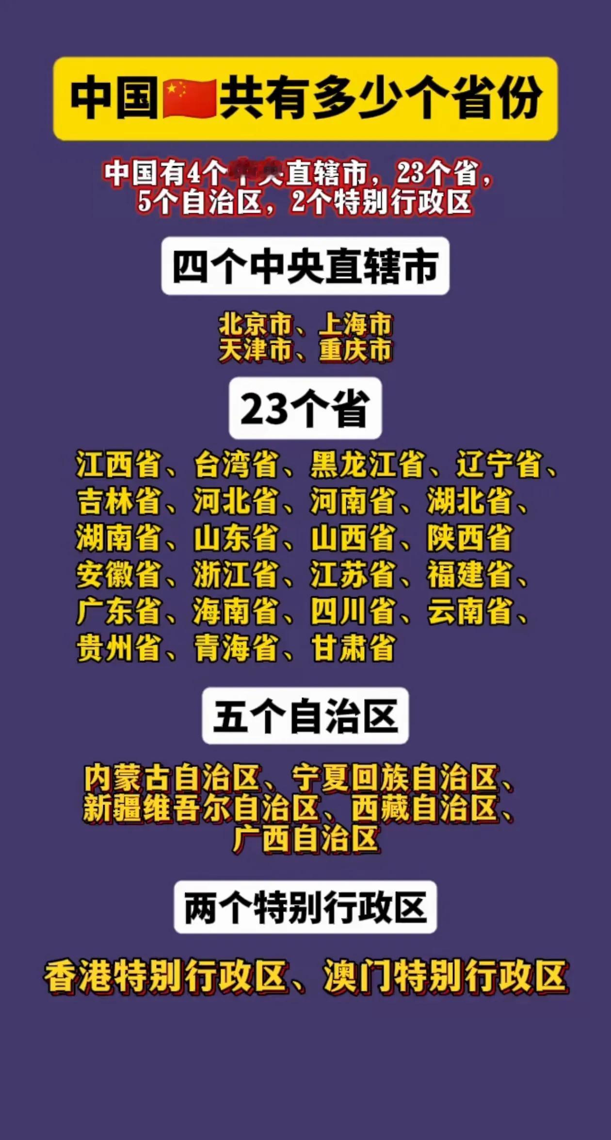 一图读懂祖国34个部级以上行政区中国🇨🇳34个行政区中有4个中央直辖市、