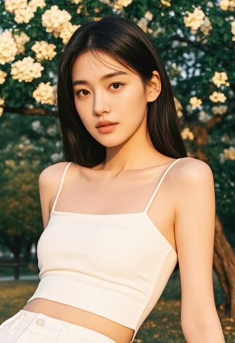 公园繁花绽笑颜，女生拍照梦潋滟