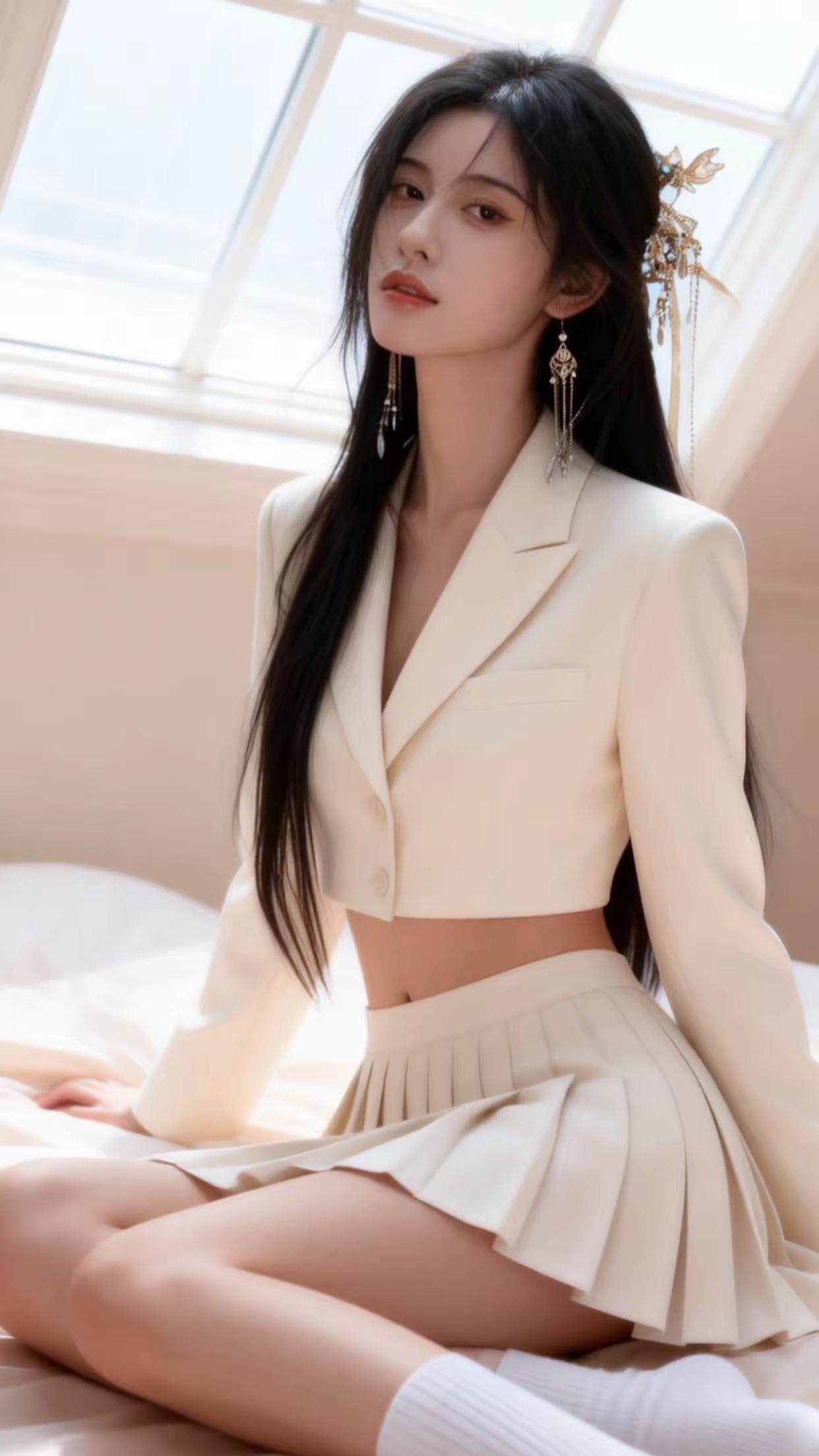 优雅少女风，米色西装搭配百褶裙，精致耳饰点缀，自然光下更显温柔。
