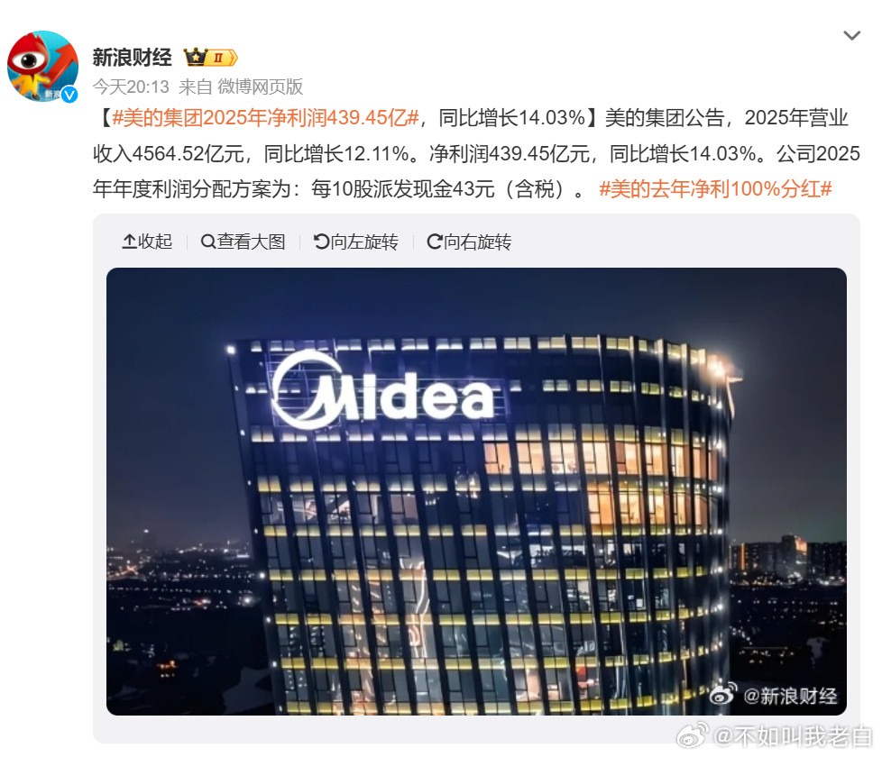 美的2025年营收4585亿，净利润439.5亿，全部拿出来分红。什么概念？相当