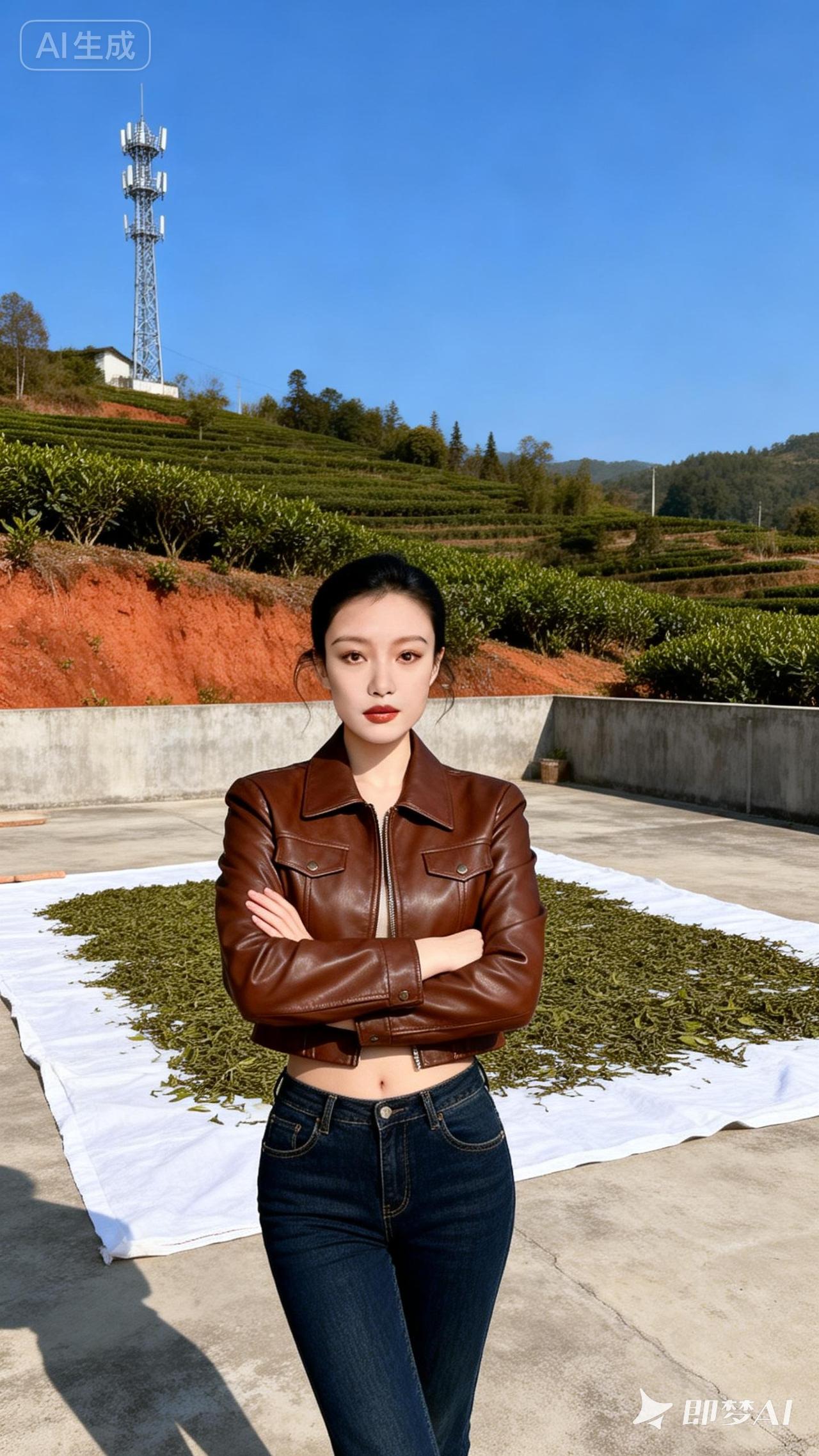 秋日茶园漫步，棕色皮衣与自然景色相得益彰。