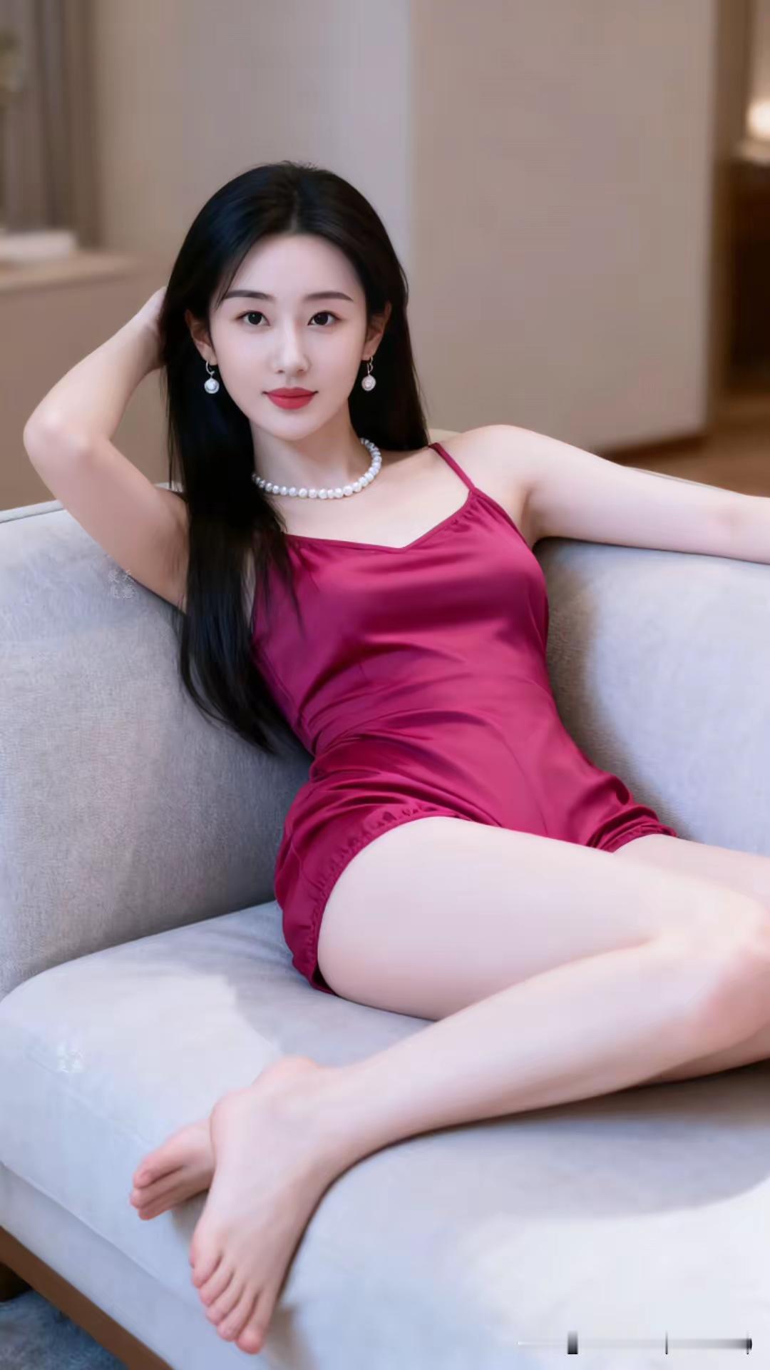 优雅红裙，珍珠闪耀，轻松惬意，享受美好时光。