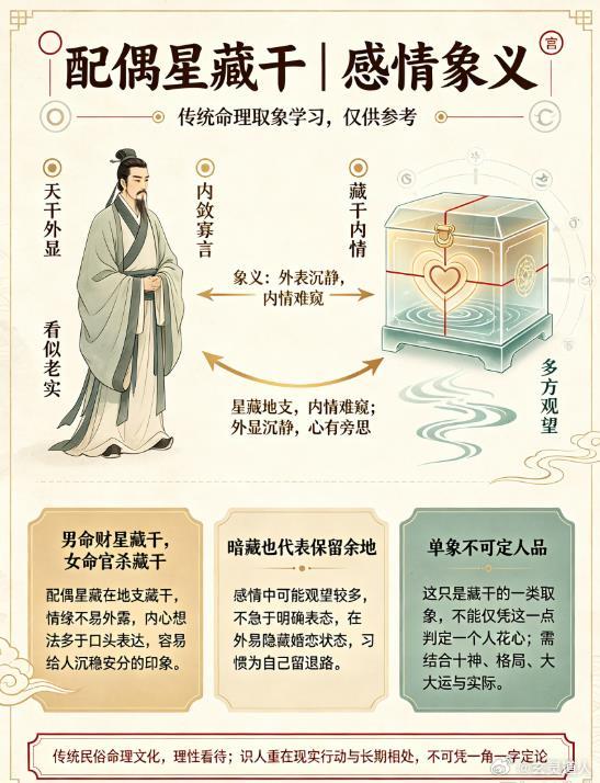 【八字藏干｜配偶星藏在地支的感情特质】男命财星全部藏于地支藏干，女命官杀只藏在地支，天干不透。这类格