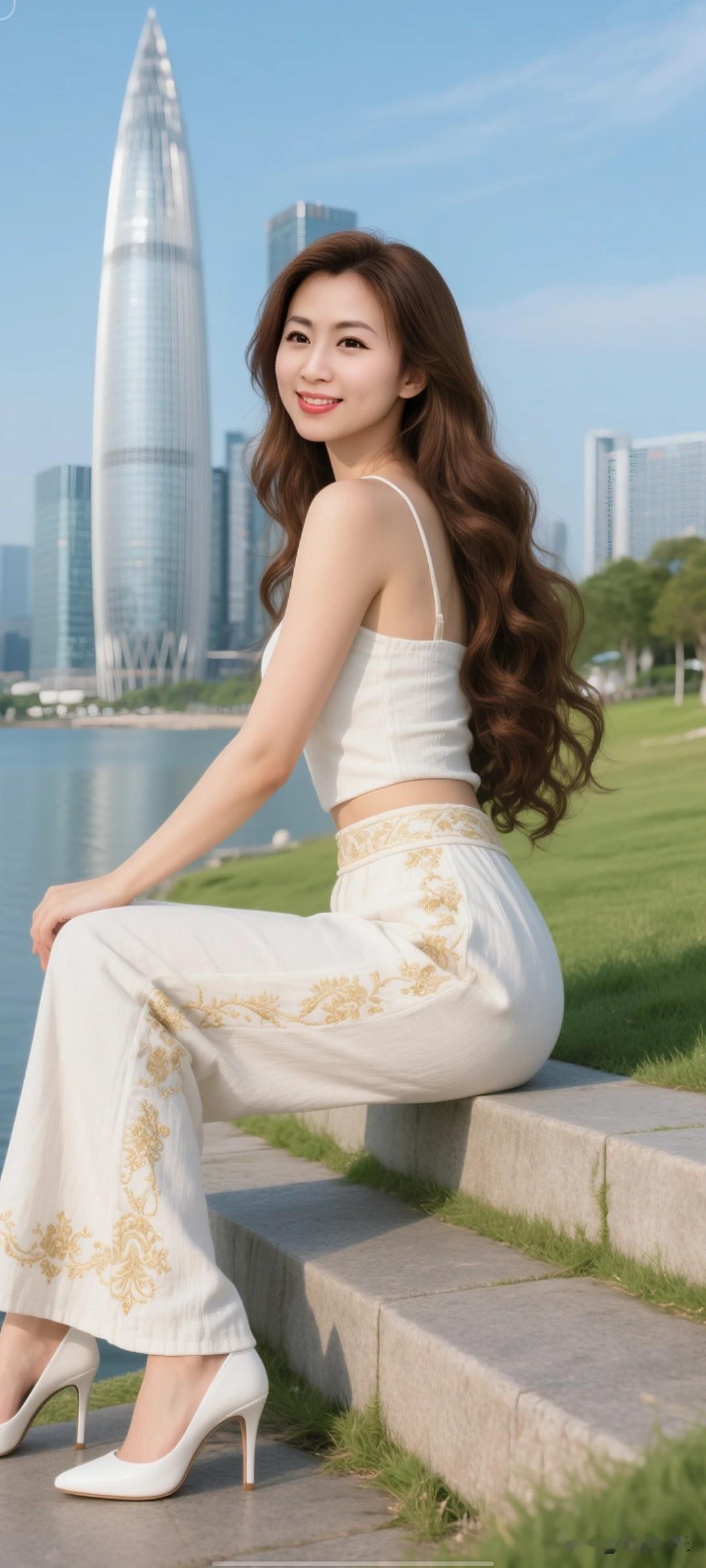 一位美女坐在湖边，背景是城市高楼。