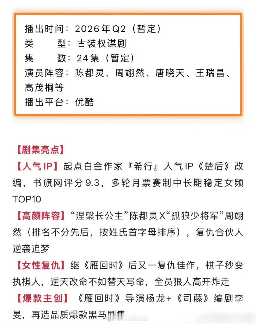 陈都灵、周翊然《翘楚》👖播前招商，离定档不远了～排播🍉在6月，杨龙预告准备好