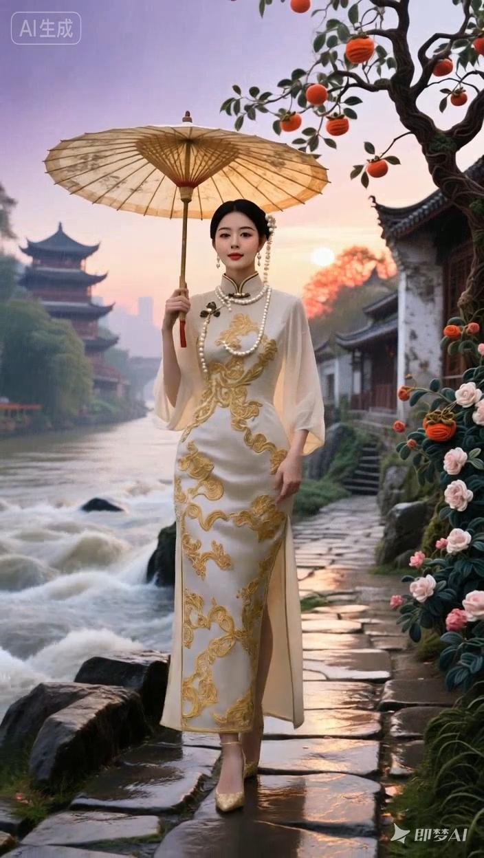 七绝●边城风光/古韵漫步观光赏水声，河涌石路绕边城。民房寺庙缭烟火，