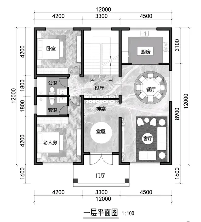 12米×12米三层别墅农村自建房设计户型图