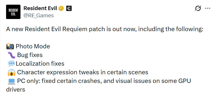 《生化危机：安魂曲》新补丁现已推出，包含以下内容：·新增照片模式·部分错误修复·