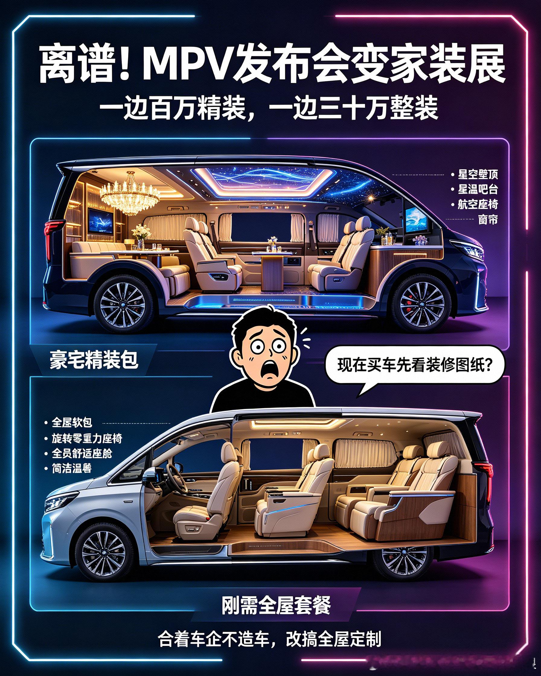 今日离谱新闻：两家装修公司连夜发布新车一边，车内水晶壁灯、星空顶、恒温吧台，移动