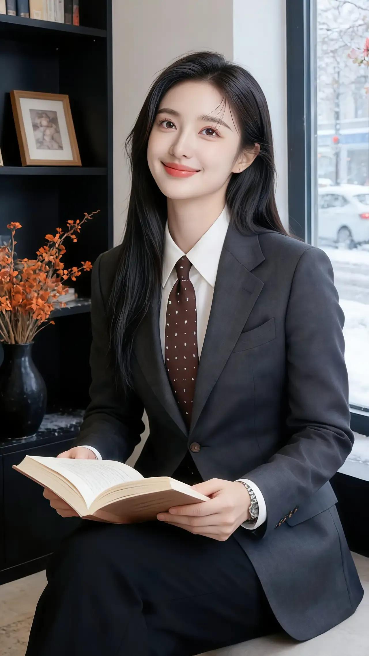 优雅职场女性，手捧书籍，微笑面对生活。