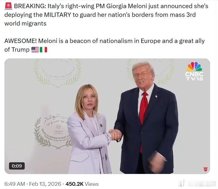 意大利总理乔治亚·梅洛尼刚刚宣布，她将部署军队守卫国家边界，防止大规模来自第三世