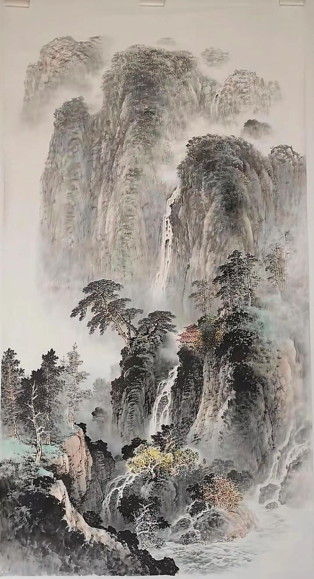 秋山观瀑。玄关山水国画艺术国画之美书画欣赏国画挑战