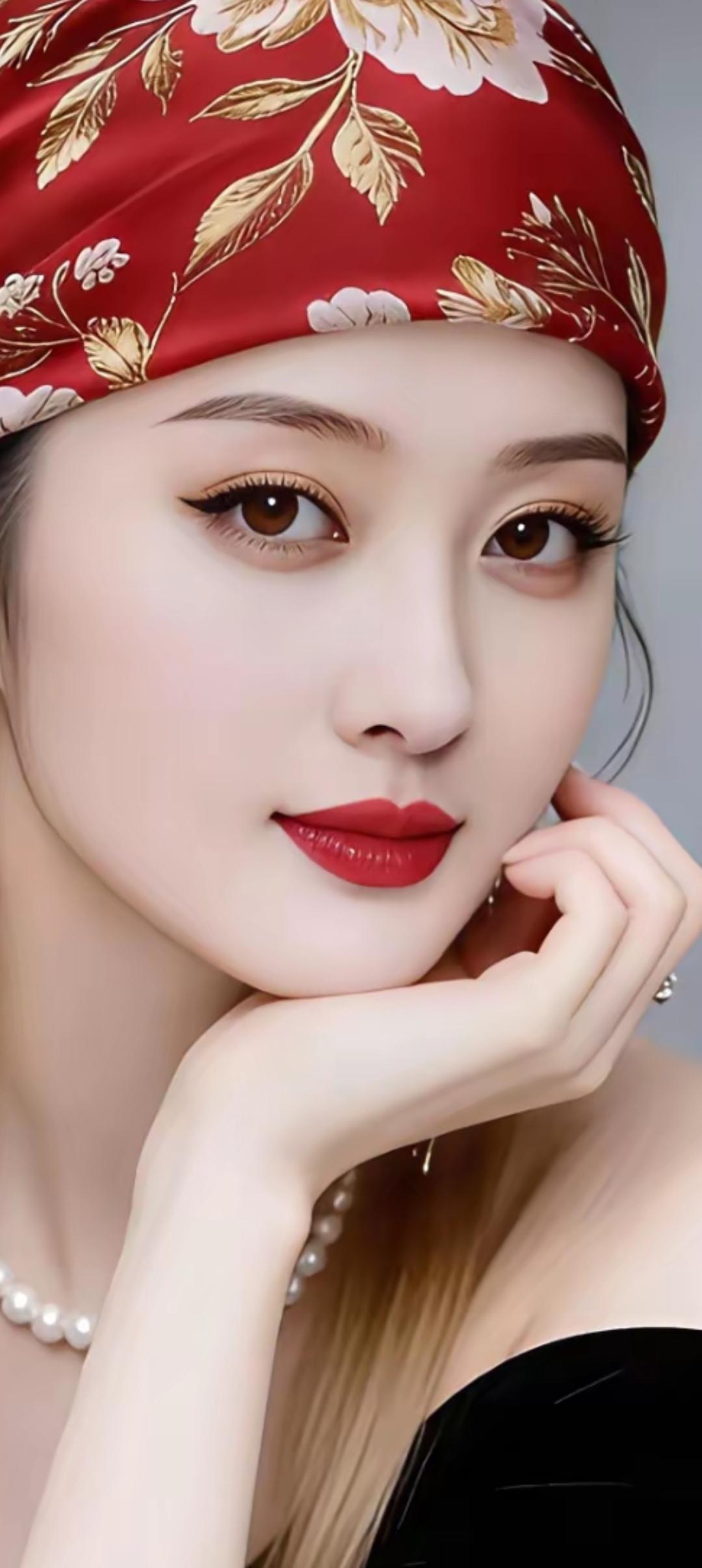 优雅红发带，甜美红唇妆，珍珠项链点缀，复古风十足！💄👗💎