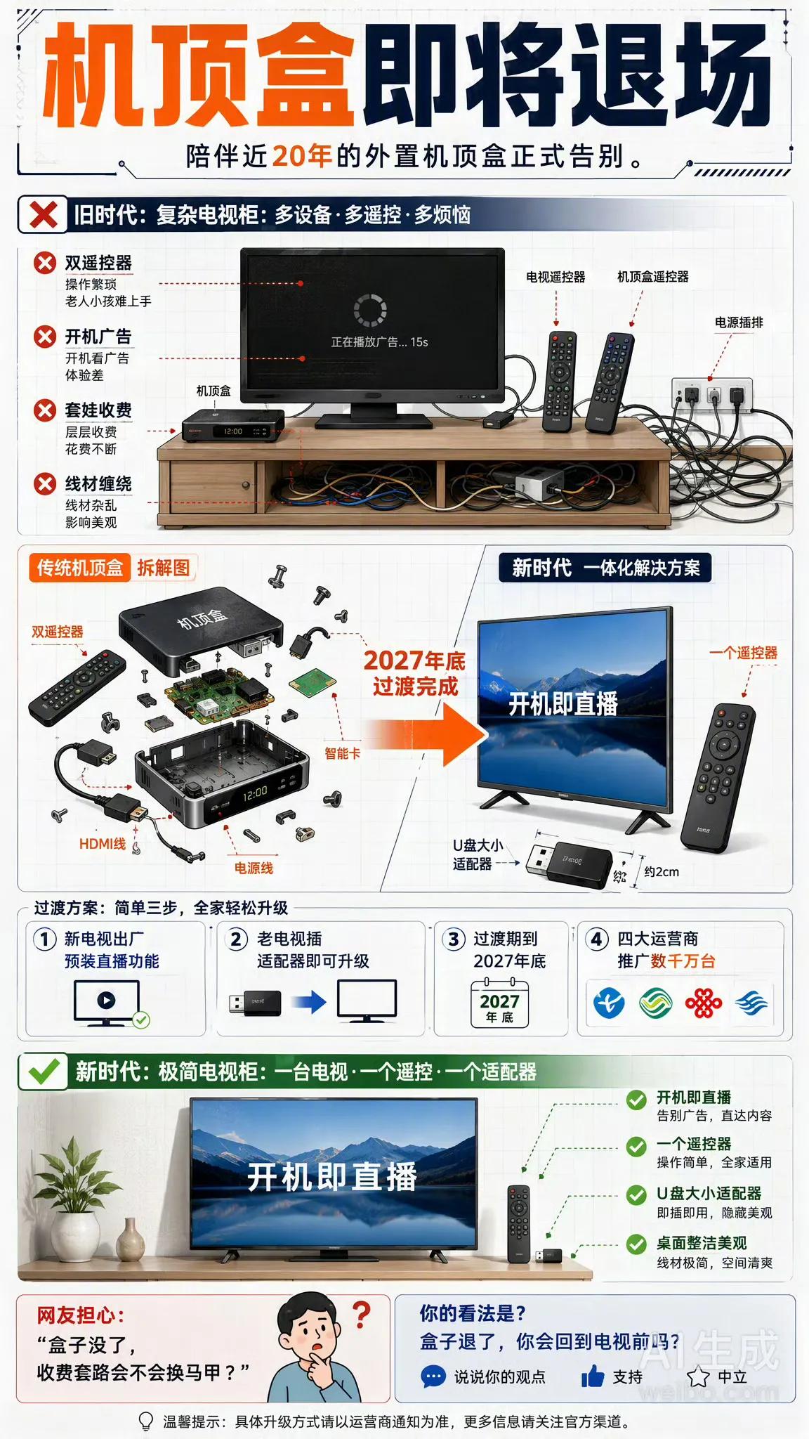 机顶盒滚蛋！但电视就能救回来吗？开机先看几十秒广告，两个遥控器换来换去，一不小