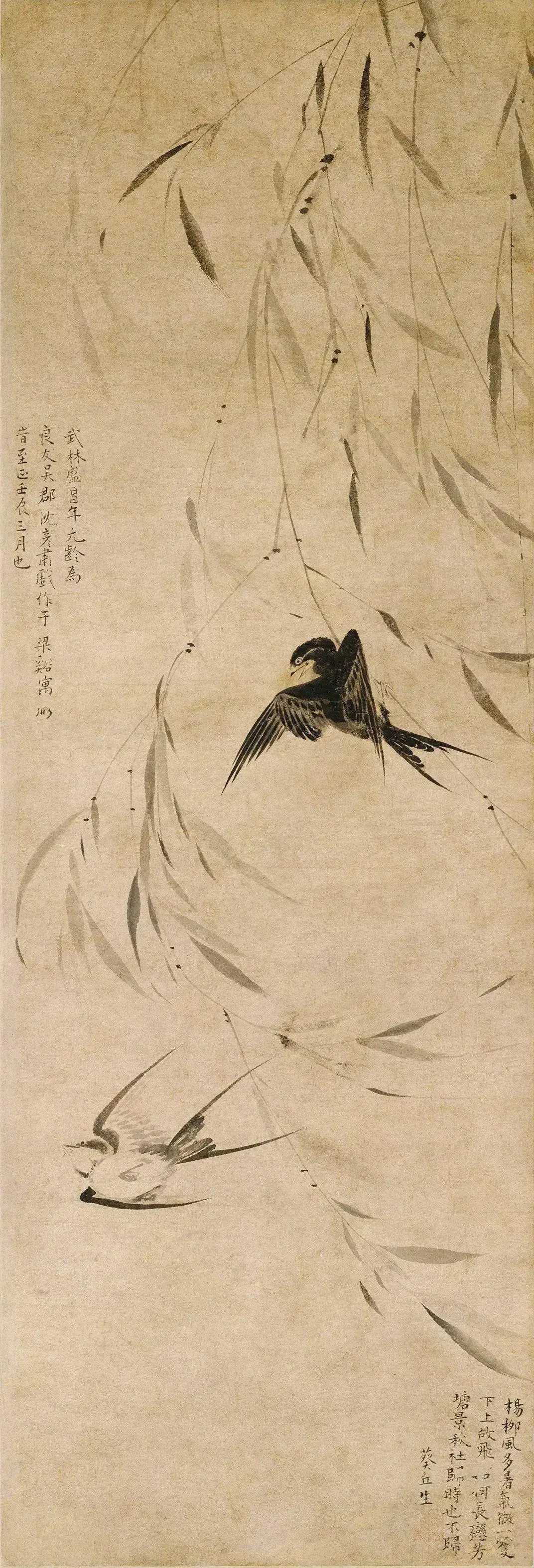 元盛昌年《柳燕图》。盛昌年，元代晚期画家，生卒年不详，武林（今浙江杭州）人，工