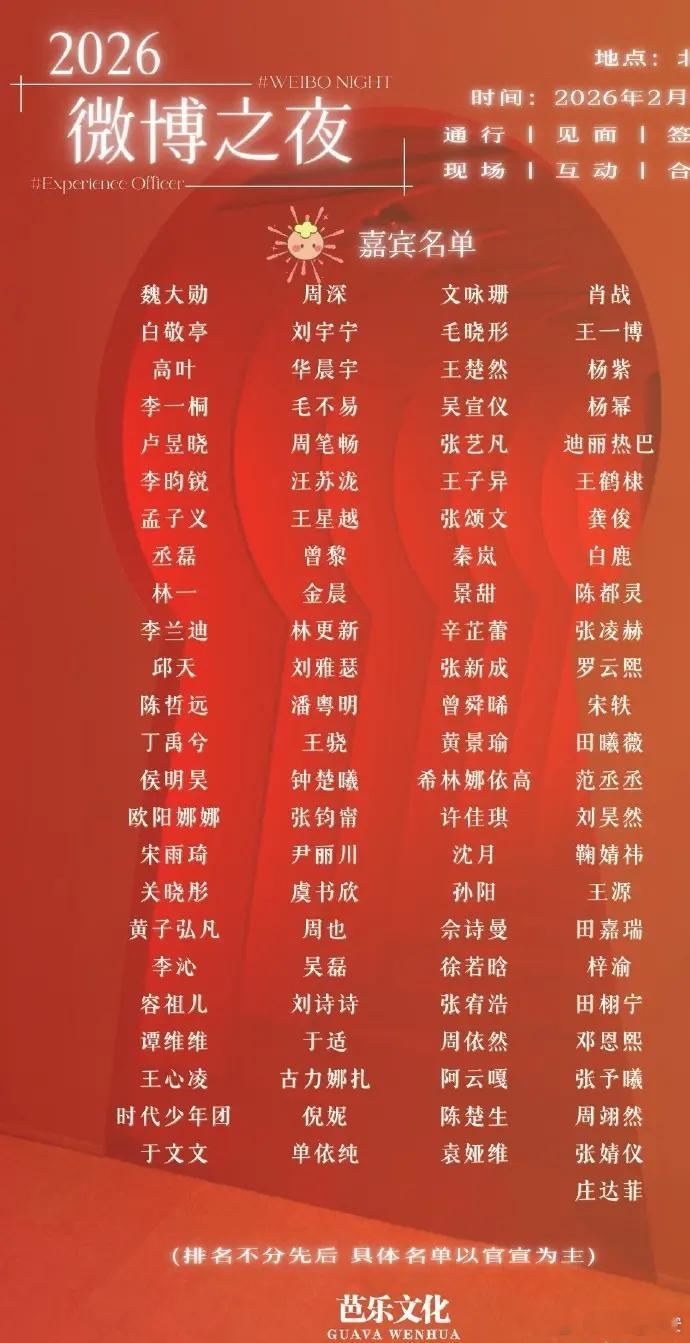 微博之夜2026微博之夜🔥这波是王炸开局，微博之夜拟邀名单直接杀疯了。拟定邀