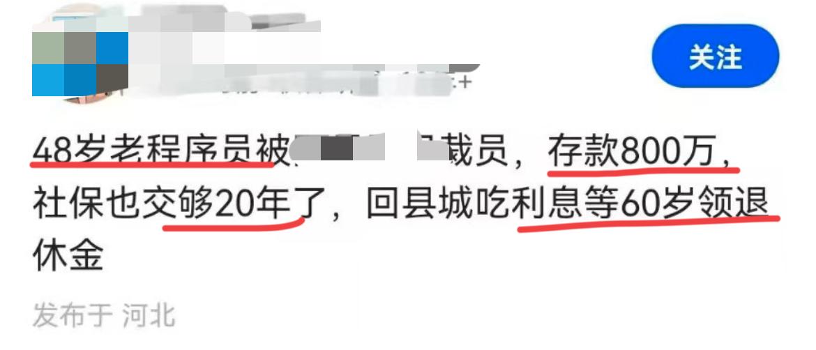 48岁存款800万，也算是可以提前退休了…网上看到的一个帖子，某大厂裁员下来