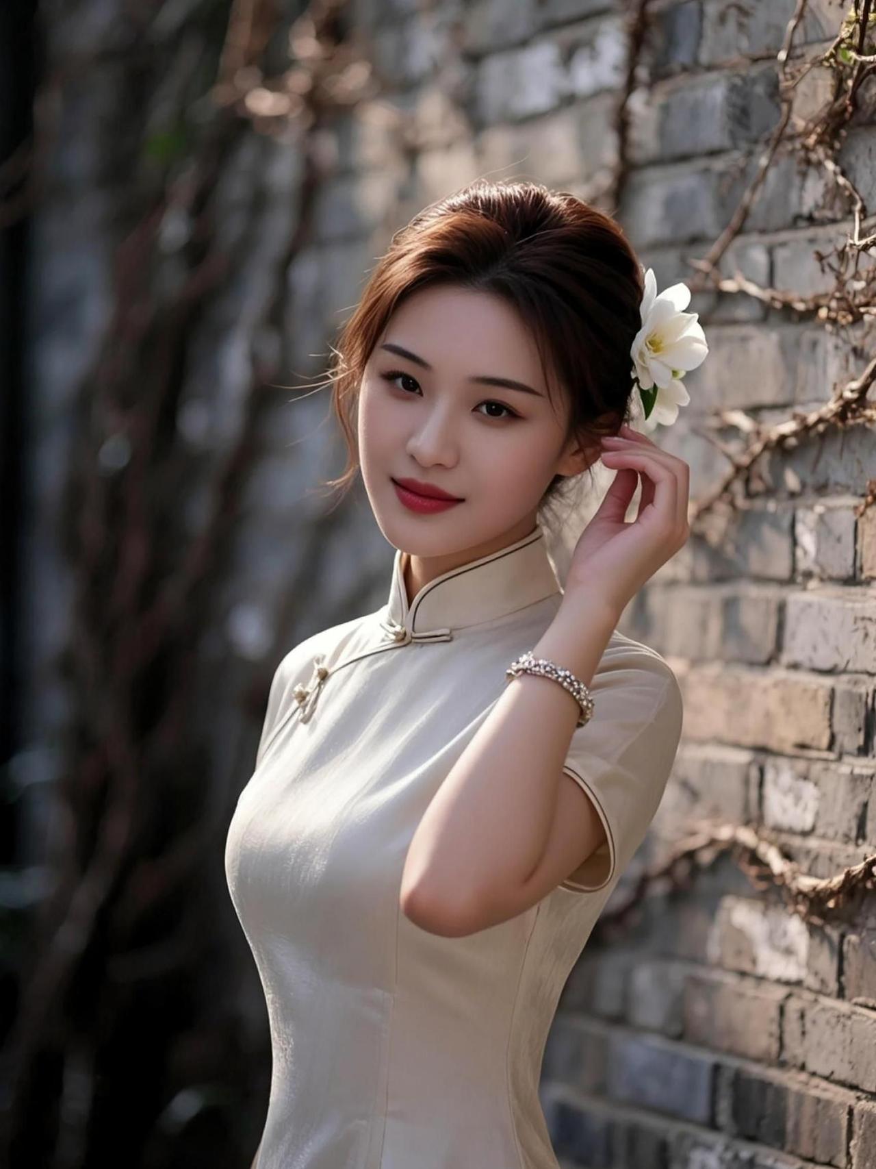 在这复古的砖墙前，一袭旗袍勾勒出东方的柔美与雅致。耳畔的花朵仿佛是时光的低语，诉